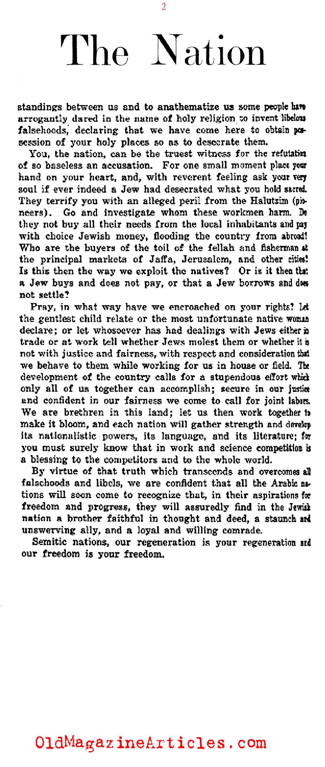 A Desire for Peace in British Palestine (The Nation, 1922)